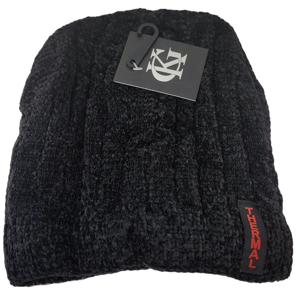 Women's Winter Thermal Fleece Knit Lined Beanie Hat, Black